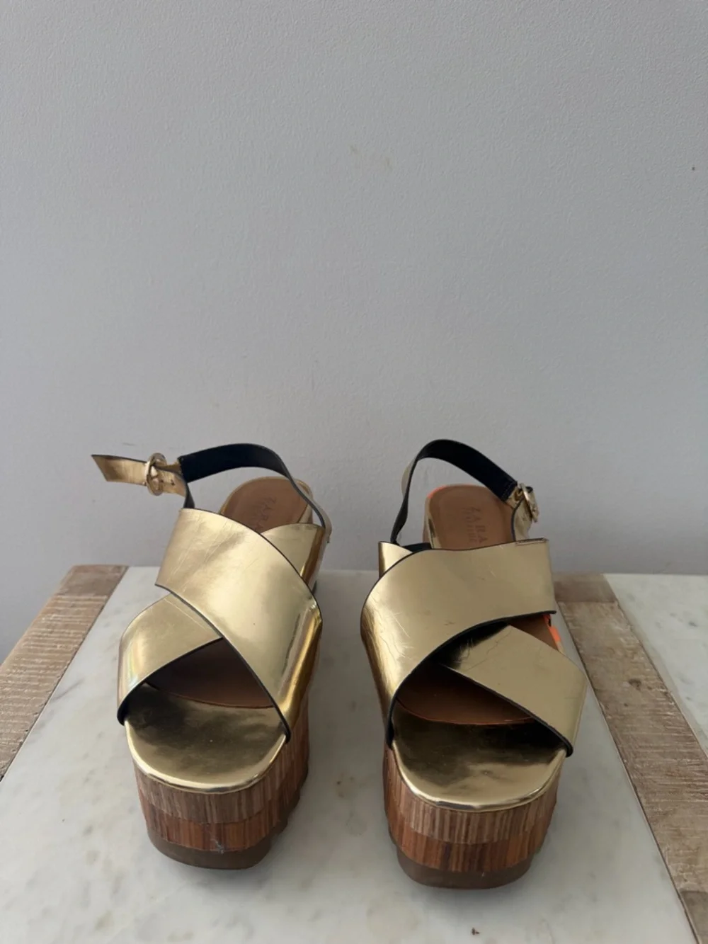 Zara Metallic Gold Platform Crisscross Sandals